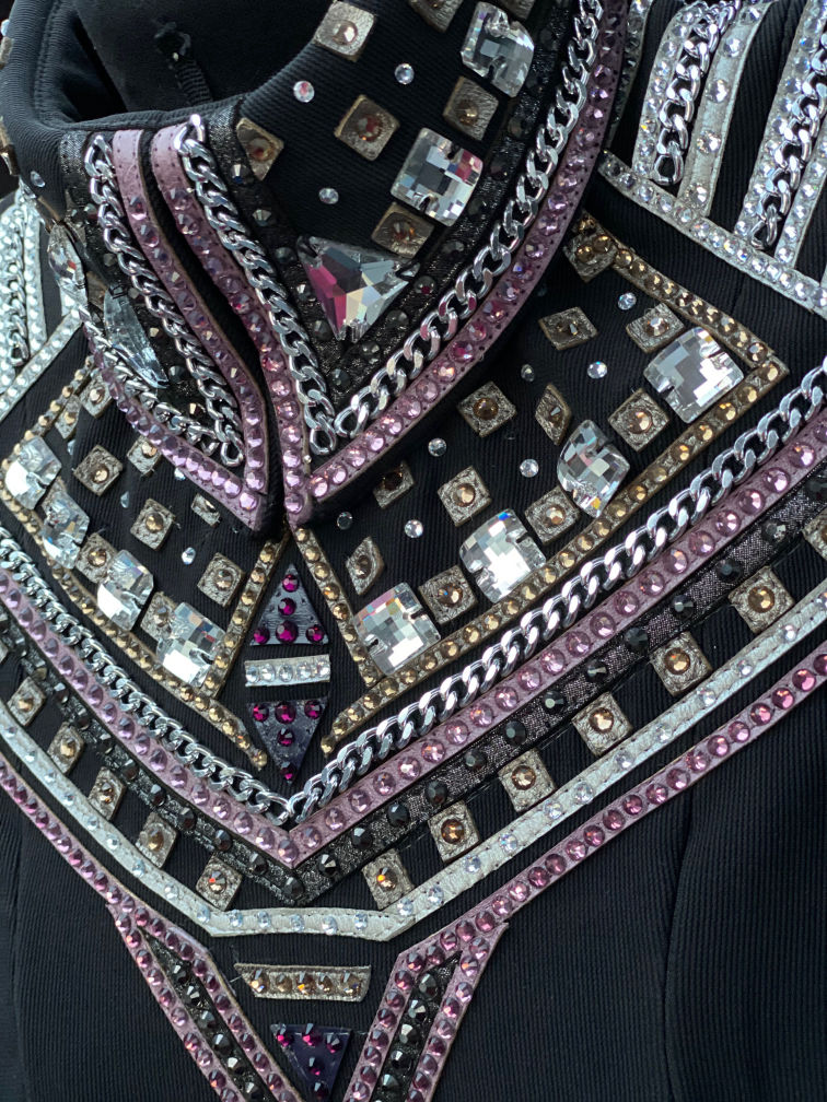 For Sale: Lilac, Purple, Silver, Gold and Black Horsemanship Top  detailed with leather, chain and crystals 