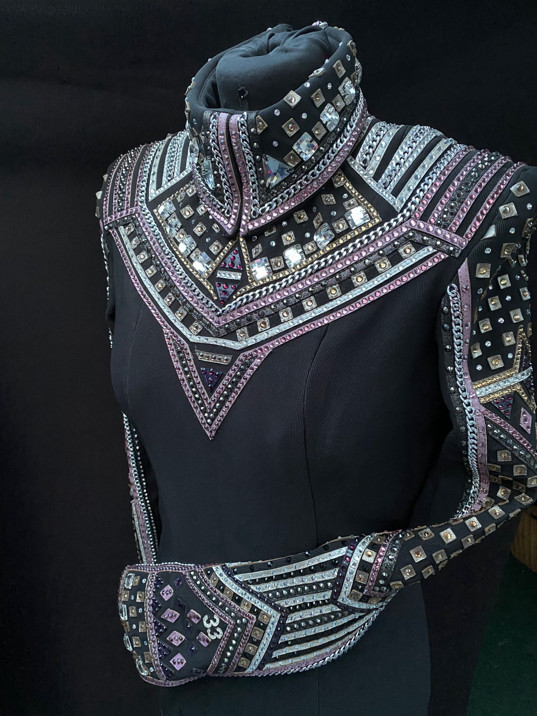 For Sale: Collection 33 Horsemanship Top detailed with silver, gold, black and purple leathers, silver chain and crystals 