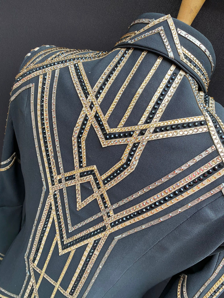 For Sale: Gold, Pewter and Black Showmanship Jacket detailed with leather and crystals 