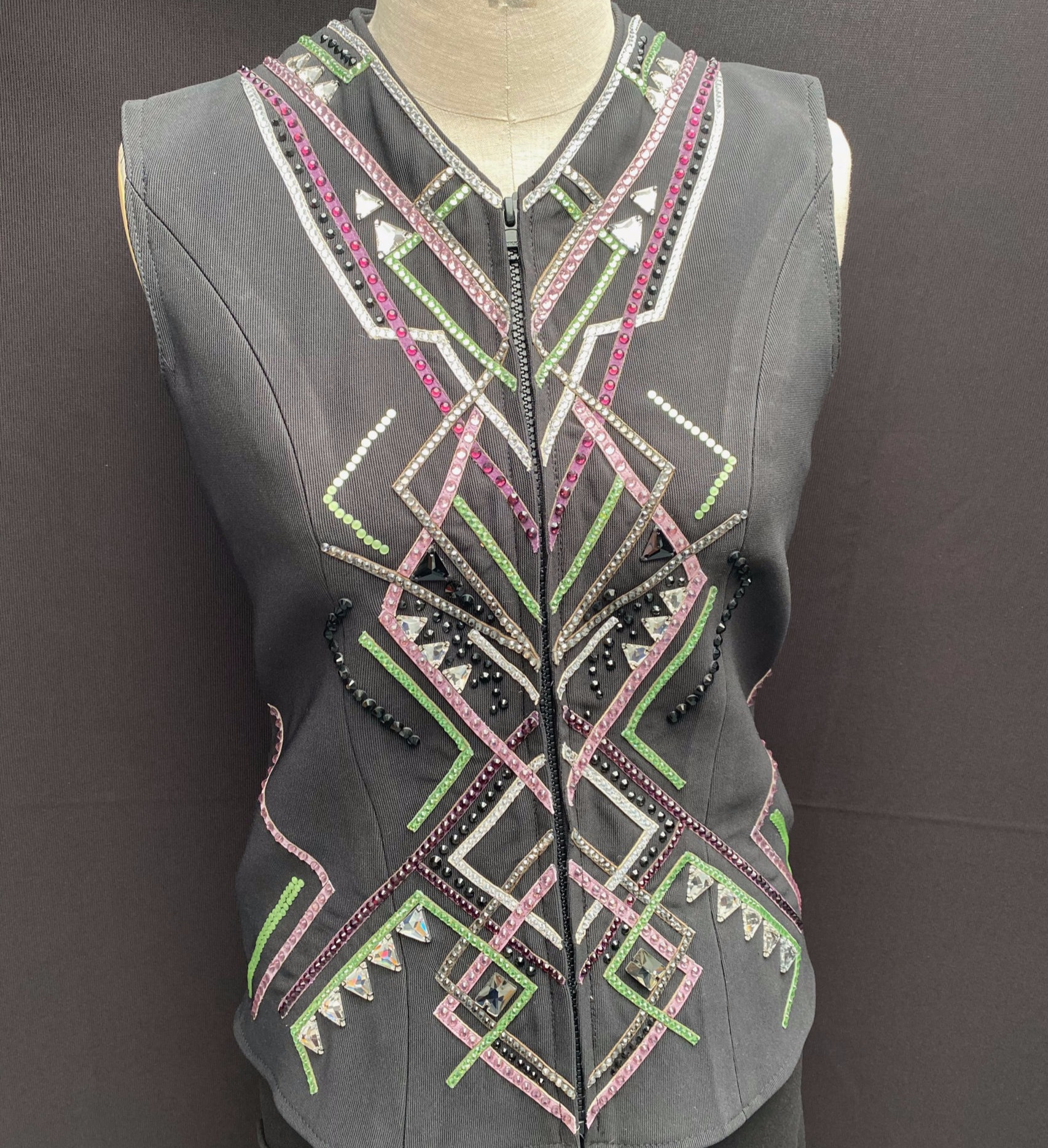 For Sale: Collection 33 Berry Crush Riding Vest detailed with silver, pistachio and purple leathers and crystals 